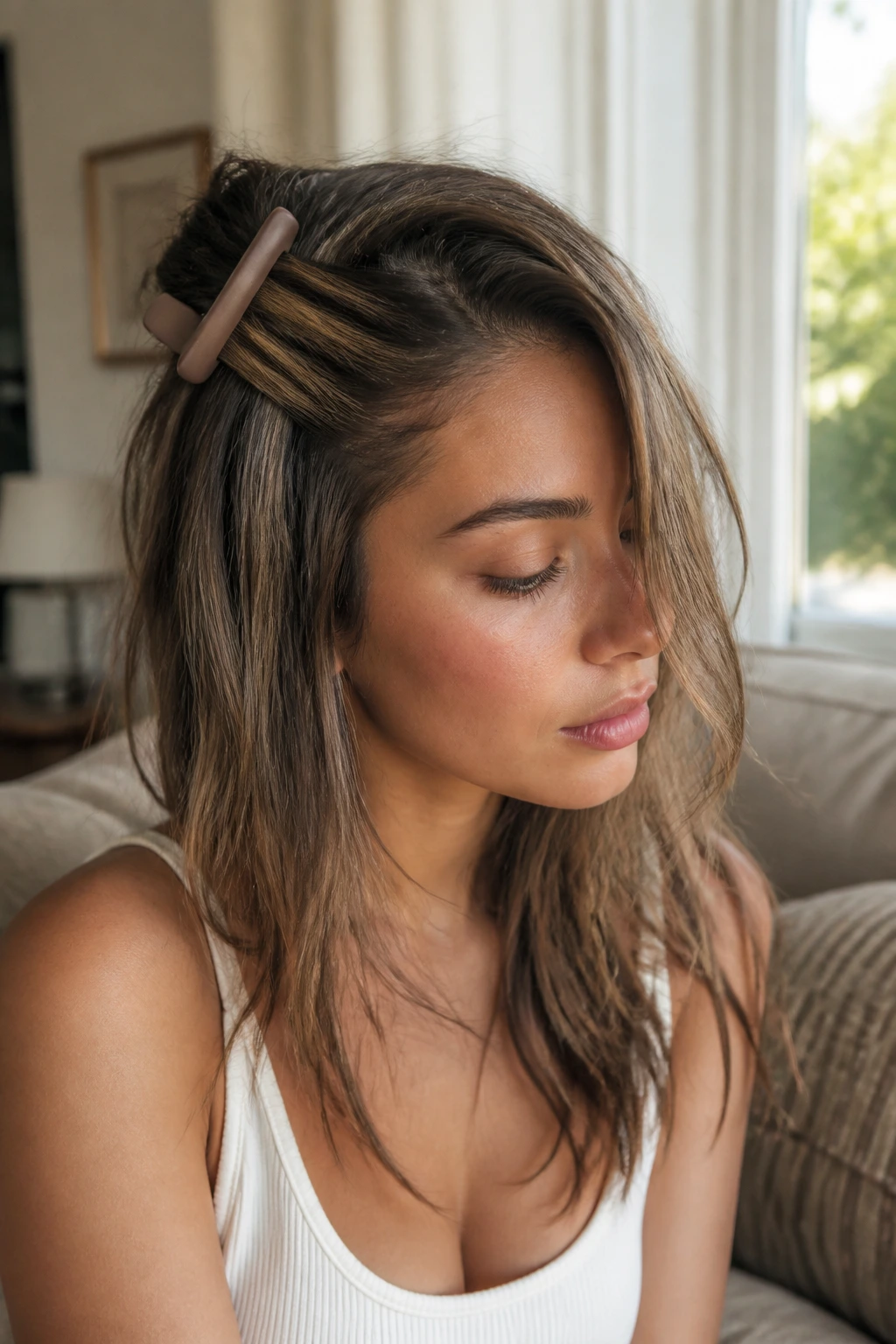 Close-up of a real woman with a messy claw clip hairstyle