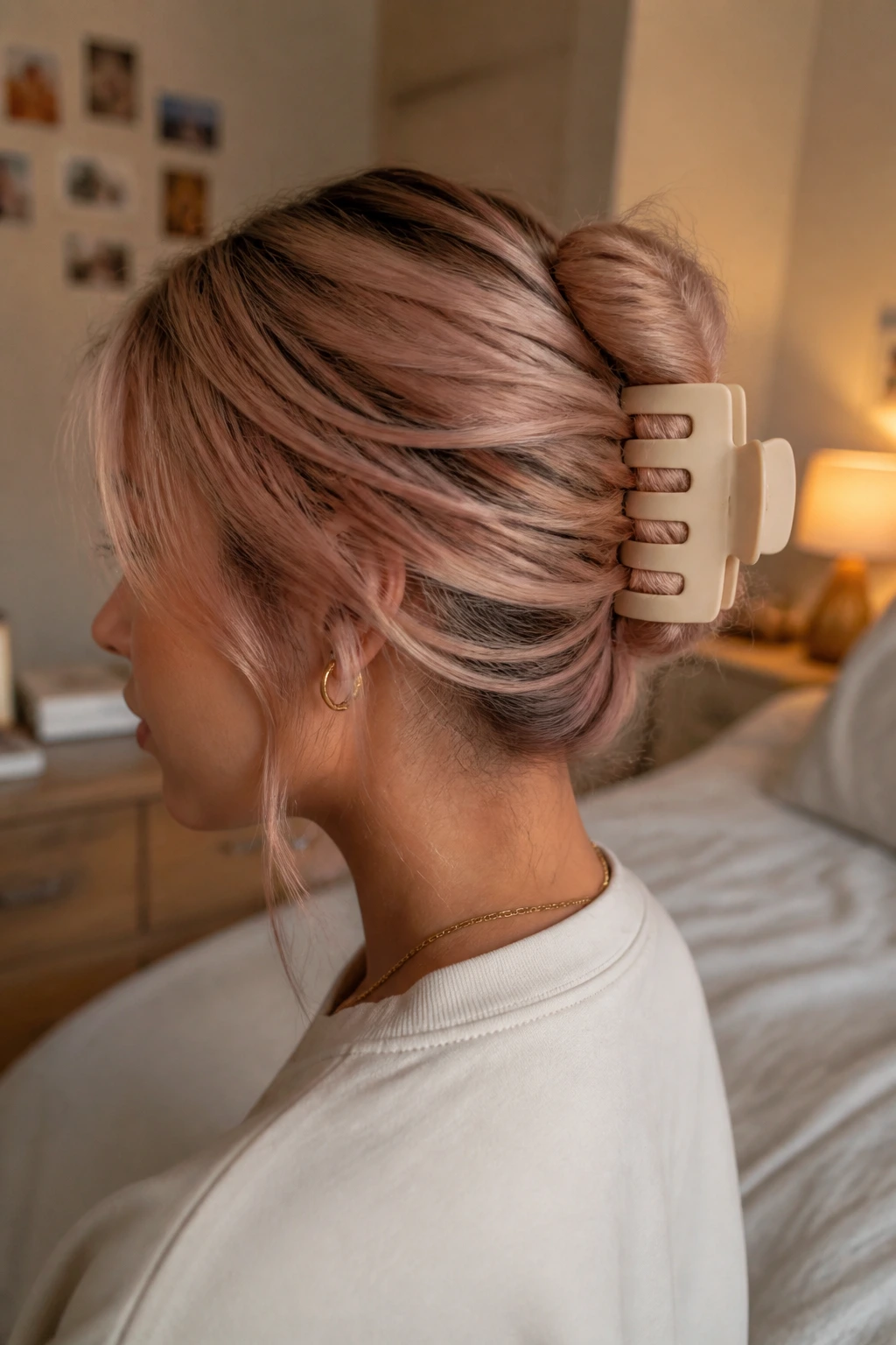 Close-up of a real person with a French twist secured by a claw clip in peach nude hair