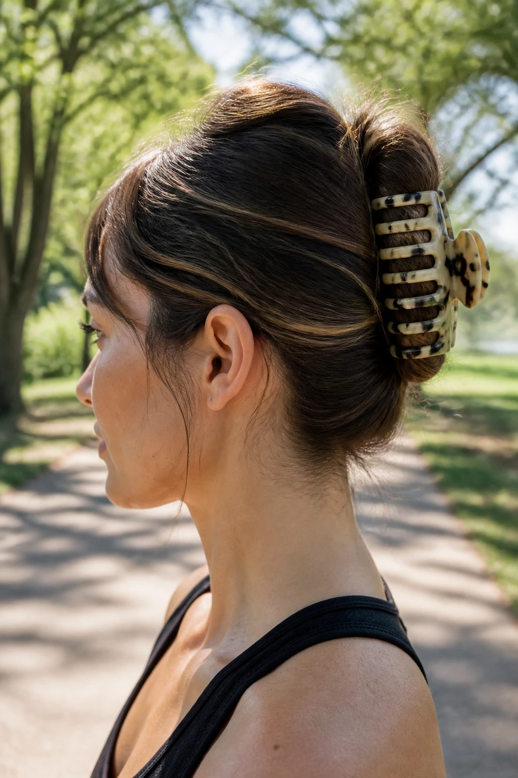 Real woman with claw clip twist hairstyle in park setting