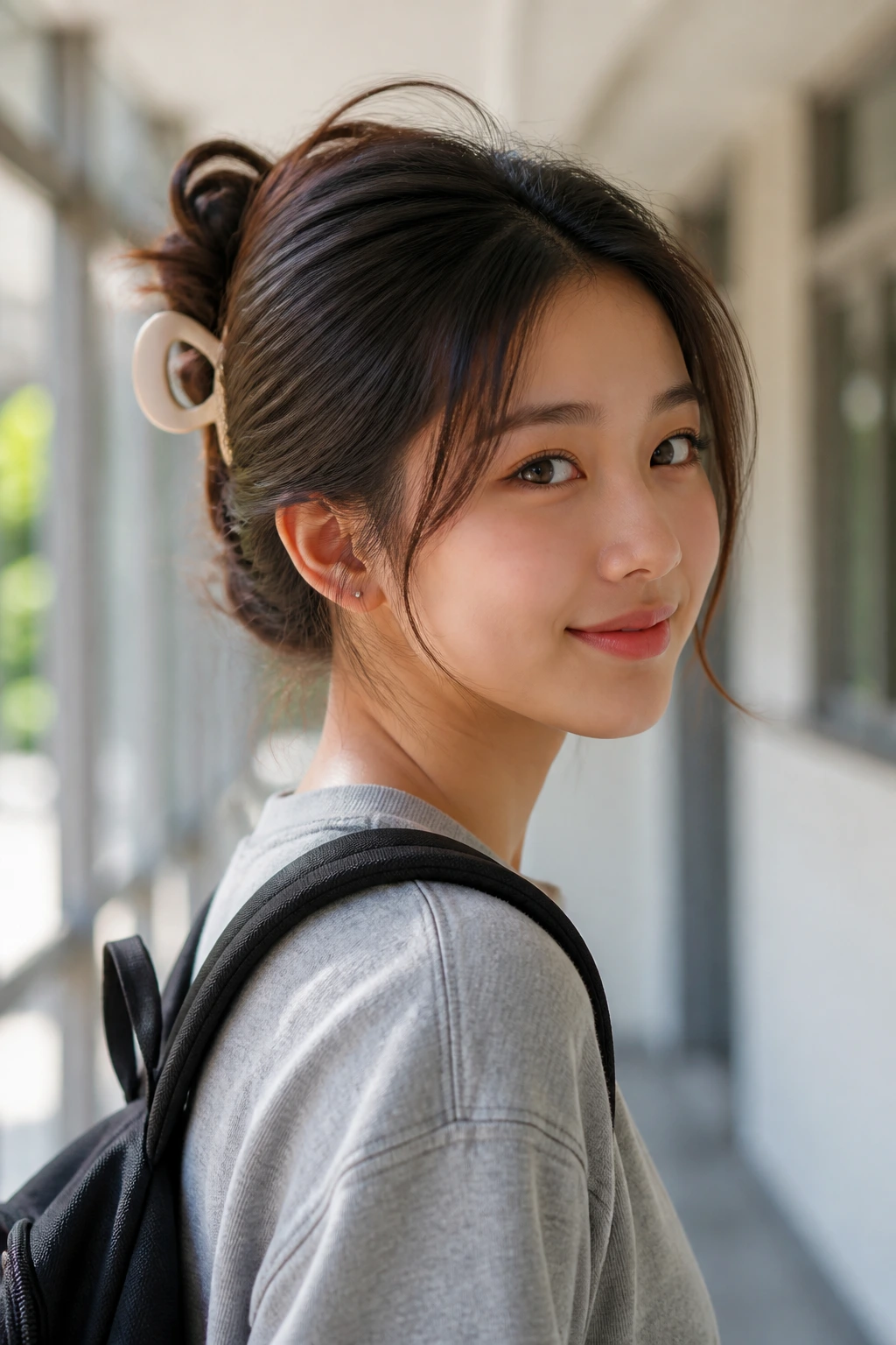 Close-up of a real woman with a twisted updo secured by a claw clip
