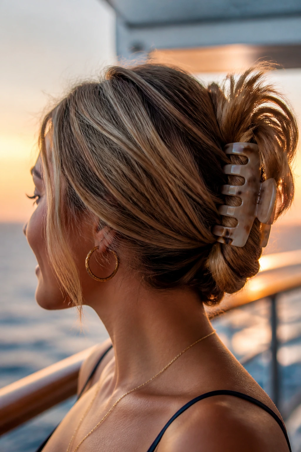 Close-up of a real woman with a claw-clip twist hairstyle on a cruise deck at dusk