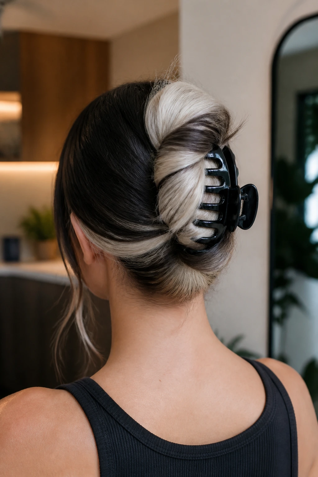 Back-of-head shot of a real person with a claw clip twist hairstyle and split-dye colors