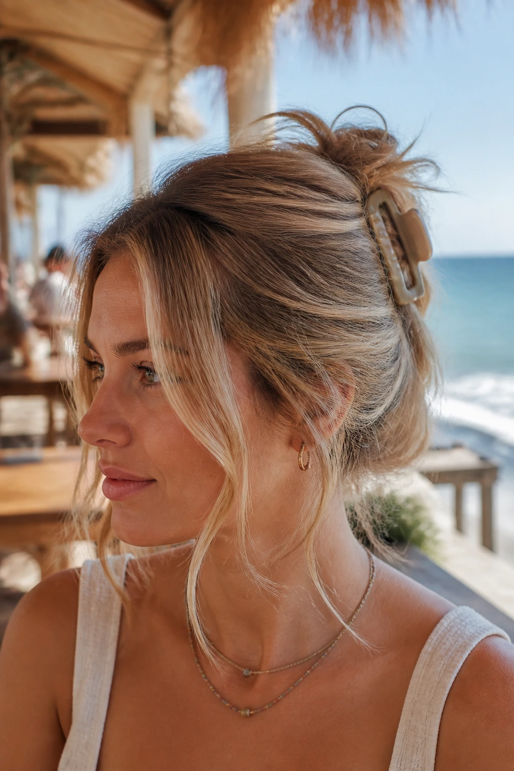 Close-up of real woman with messy claw clip twist hairstyle