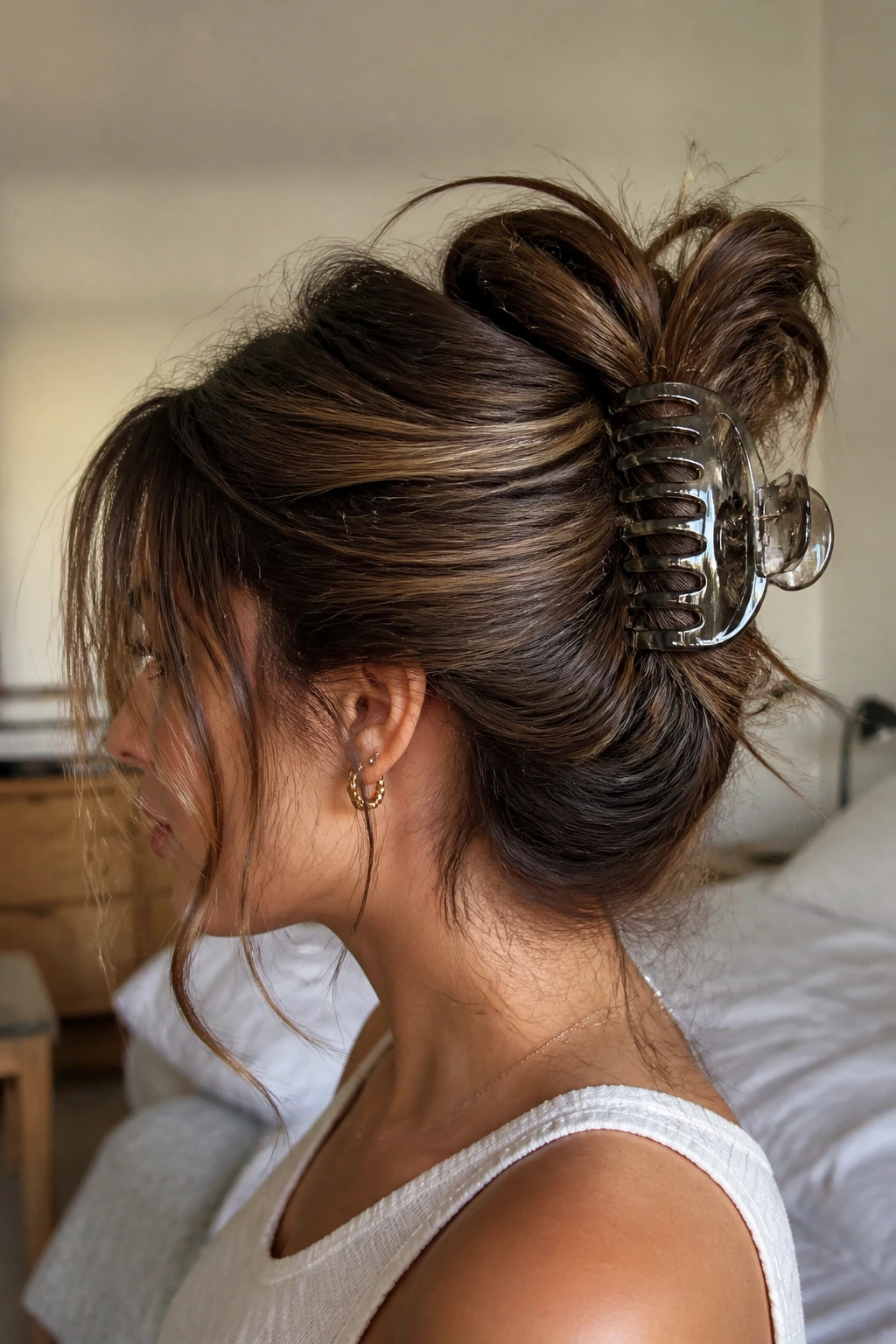 Close-up of a real woman's head showing a large claw clip twist securing twisted hair at the back.
