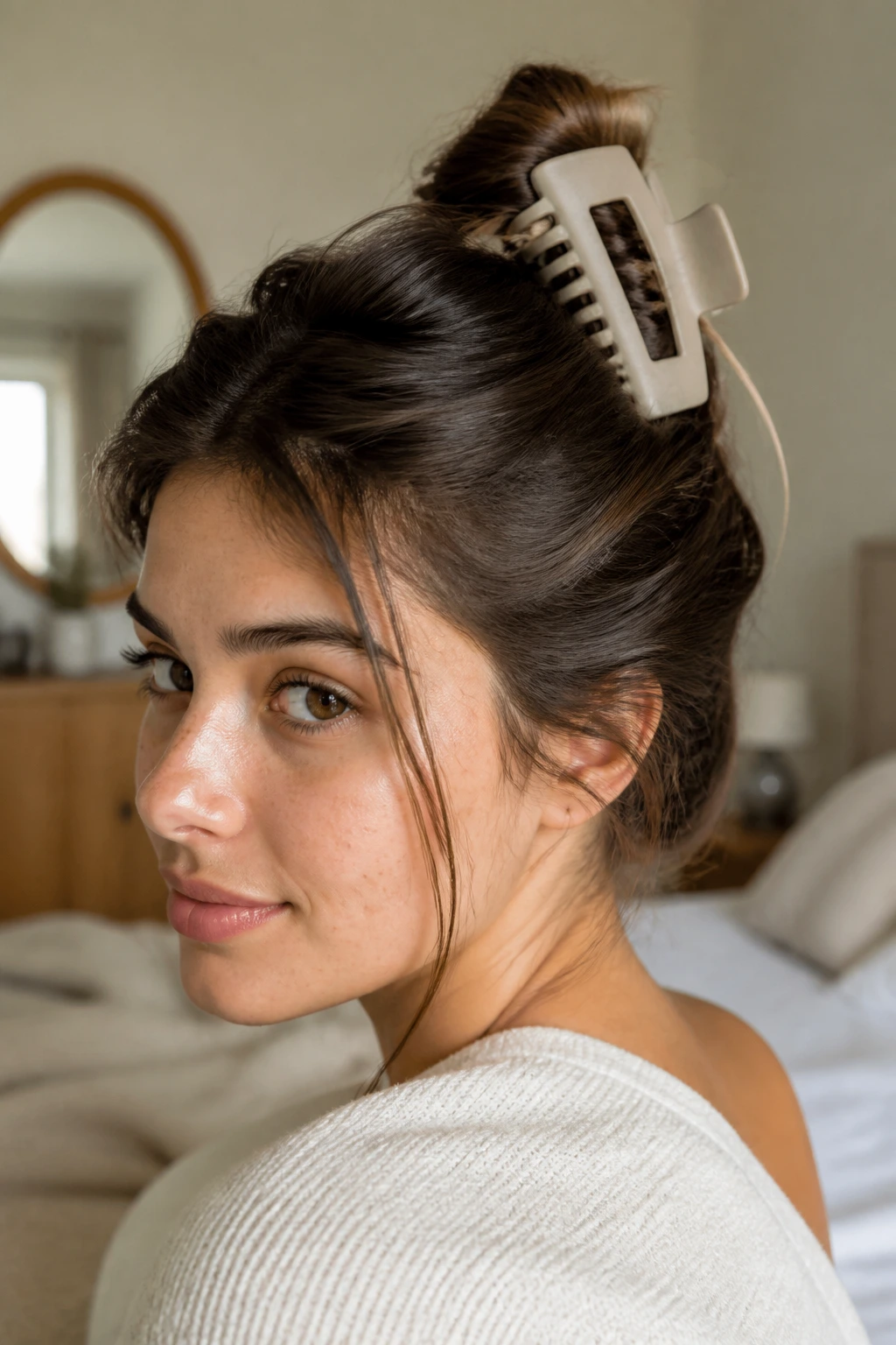 Claw clip twist hairstyle on a real person in a cozy room.