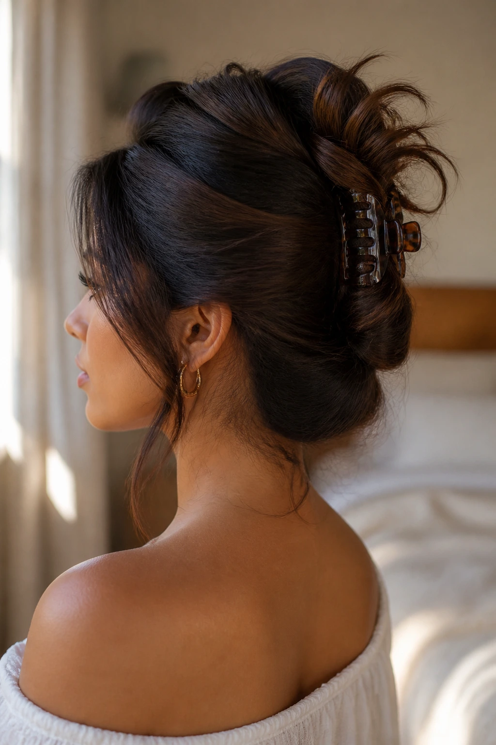 Close-up portrait of a real woman with an elegant claw clip twist in warm light