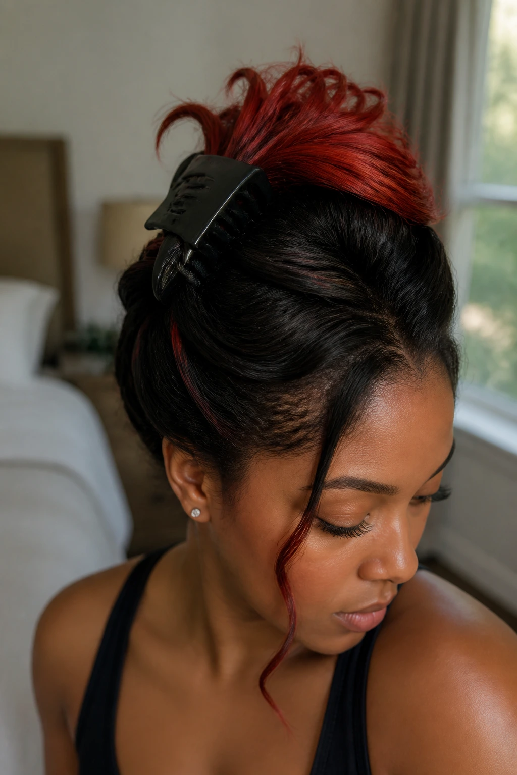 Close-up portrait of a real woman with a claw clip twist and red ends fanning over a matte clip.