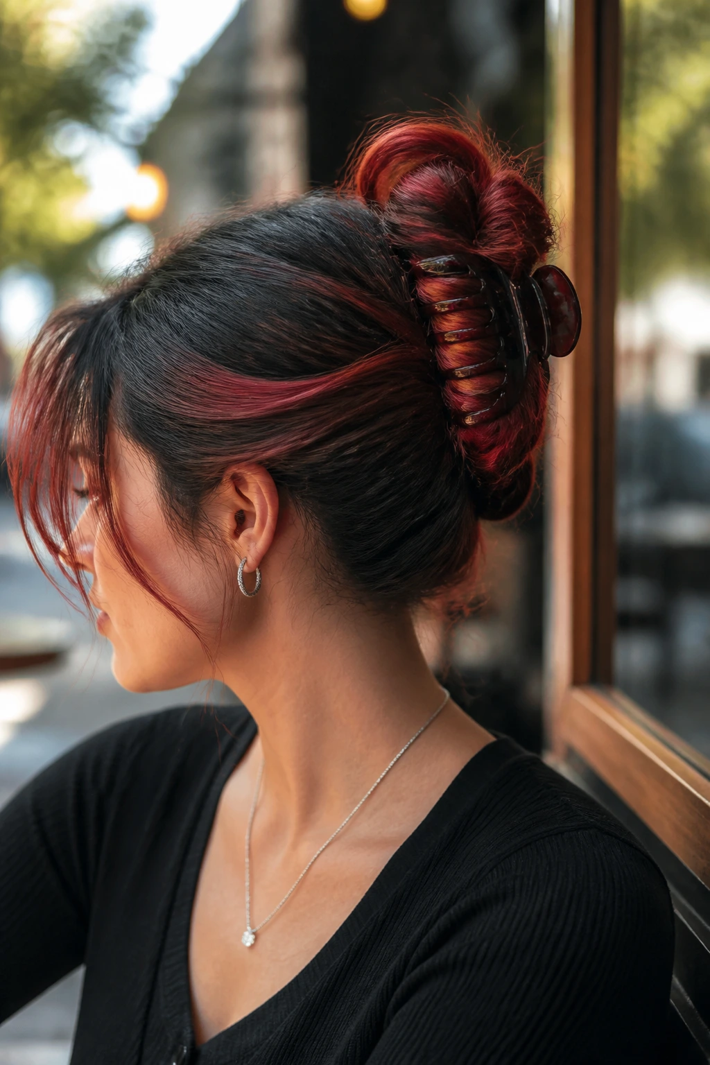 Real woman with a claw clip twist showing red ends over a dark base outdoors
