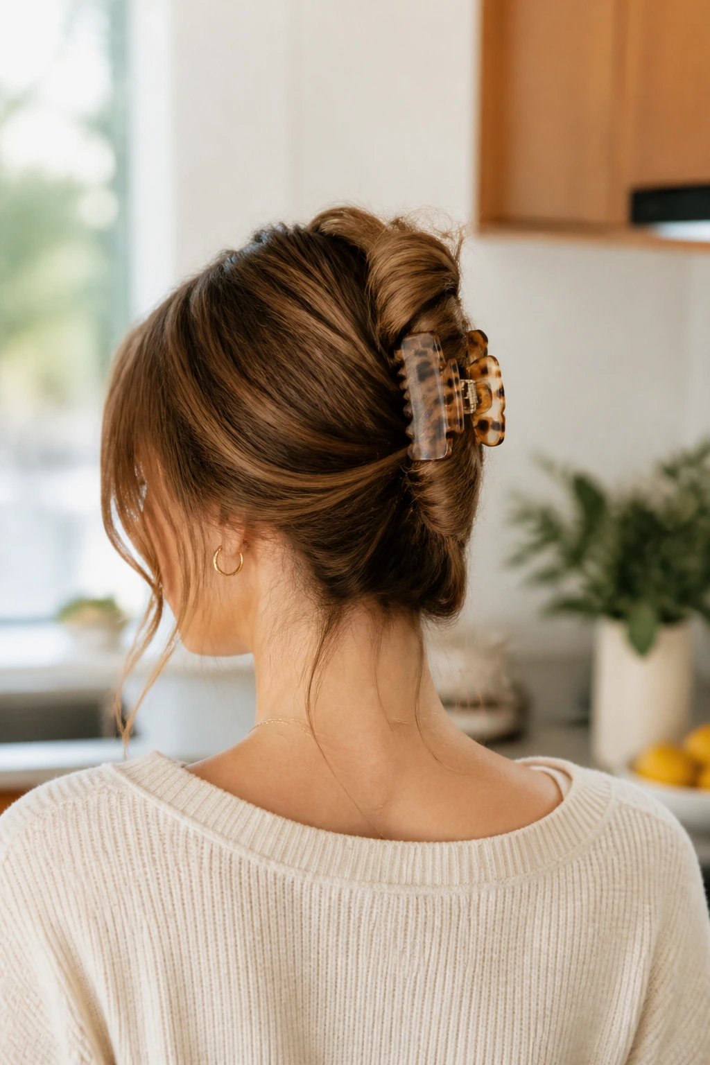Back view of hair twisted and secured with a claw clip