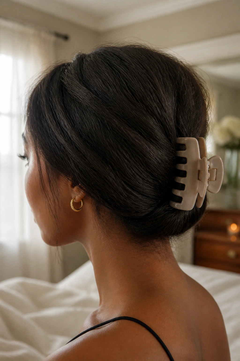 Close-up of a real woman with blown-out textured hair pinned with a large claw clip at the back
