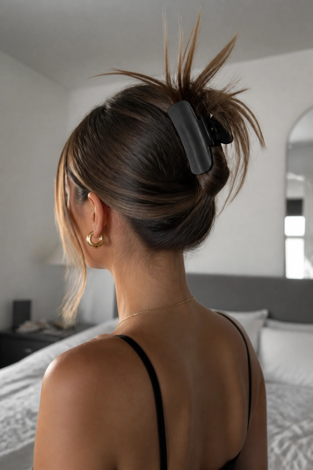 Back-three-quarter portrait showing a claw-clip updo with spiky ends.