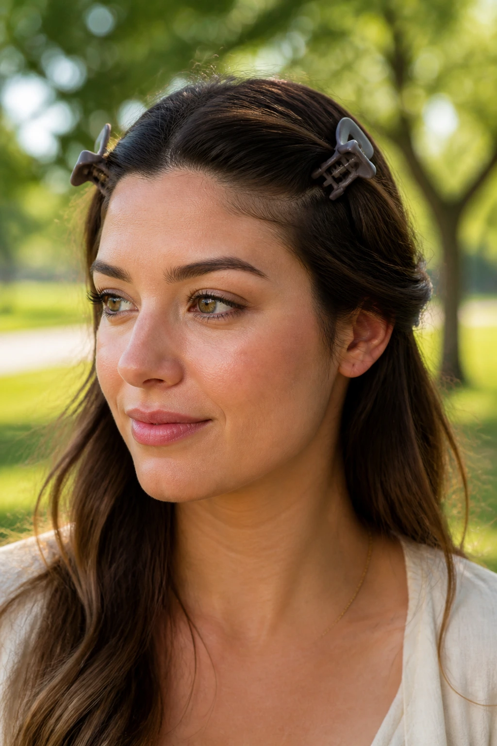 Close-up of a real woman with double claw-clip side pulls hairstyle