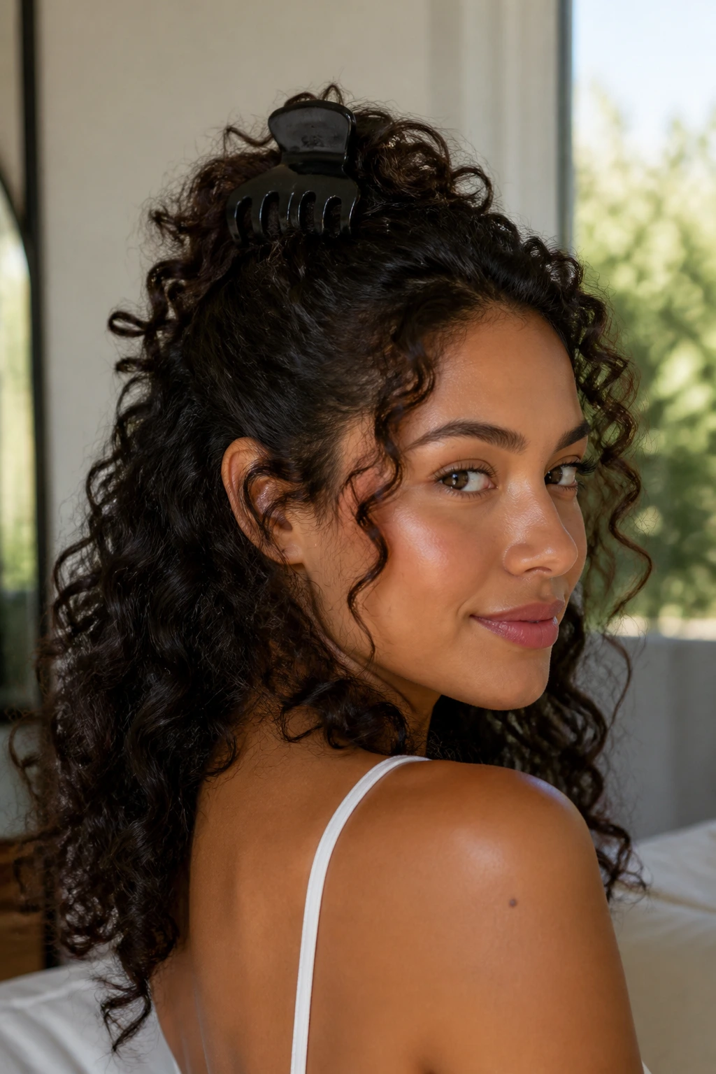 Close-up of a Latina woman with a claw clip half-up hairstyle