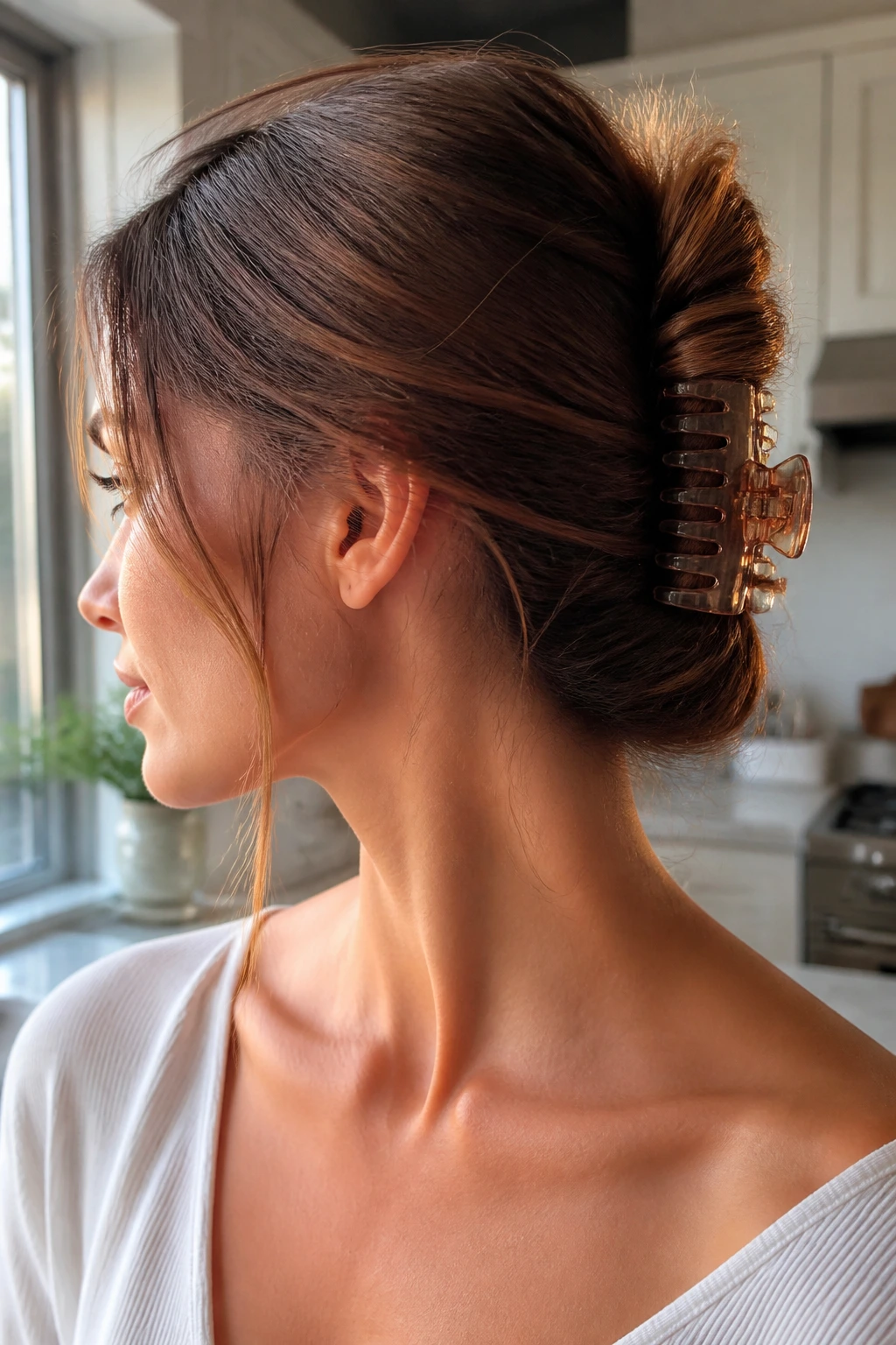 Close-up of a real person with a twist secured by a claw clip at the back