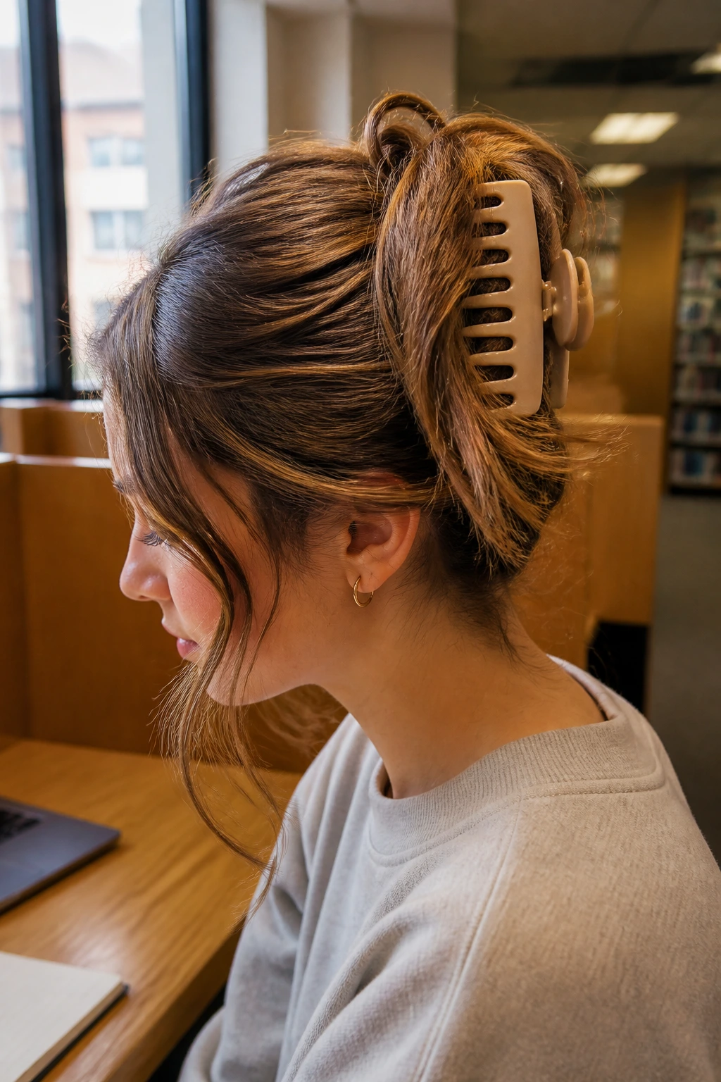 Close-up of a real student wearing The Mocha Claw-Clip Twist hairstyle in a library