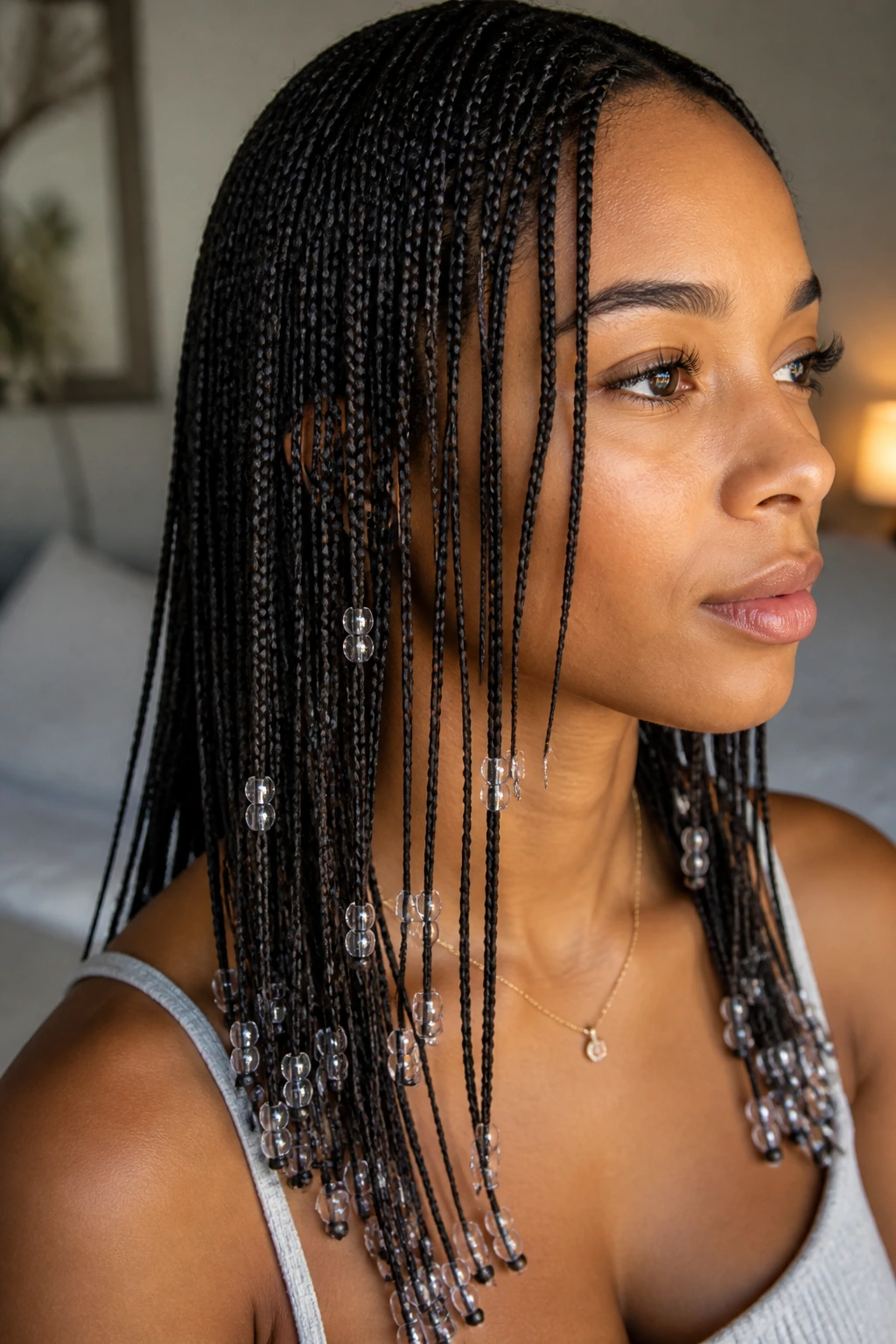 Close-up of real woman's micro-braids with small clear beads
