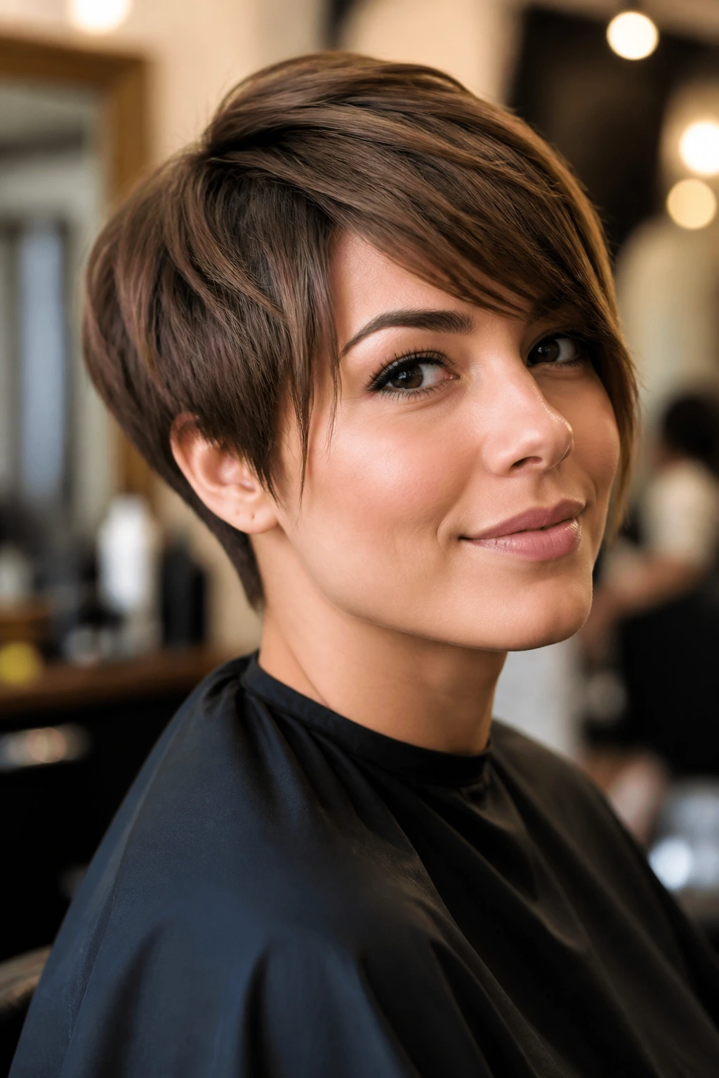 Real person with a fresh short haircut in a warm salon, serene expression.