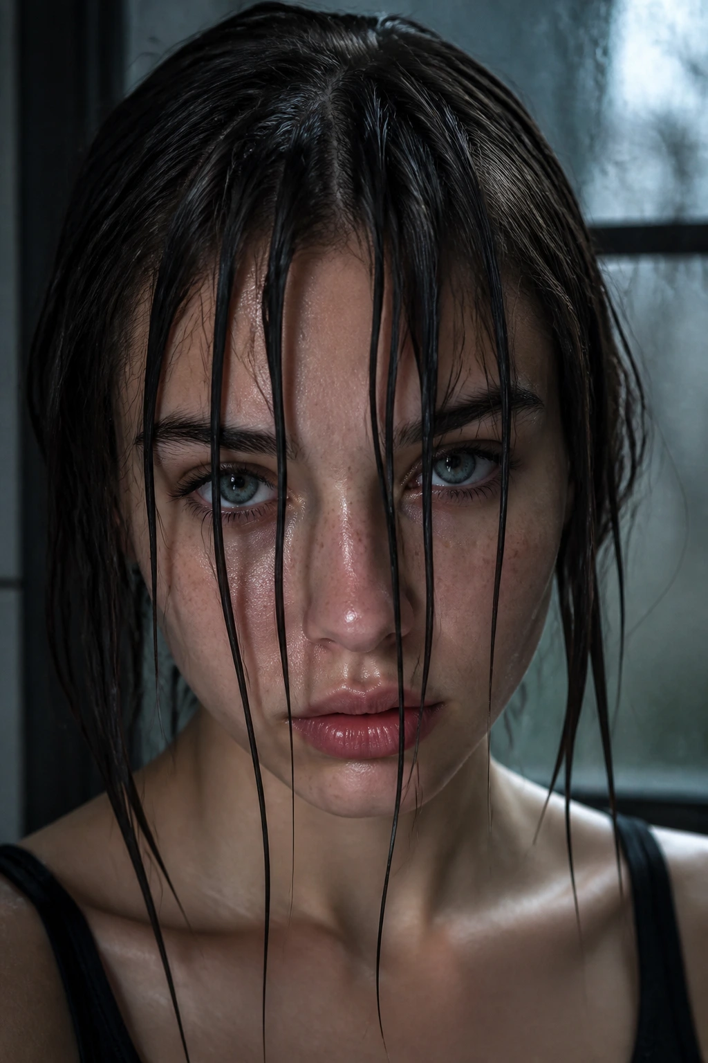 Close-up portrait of damp, clumped hair forming vertical lines