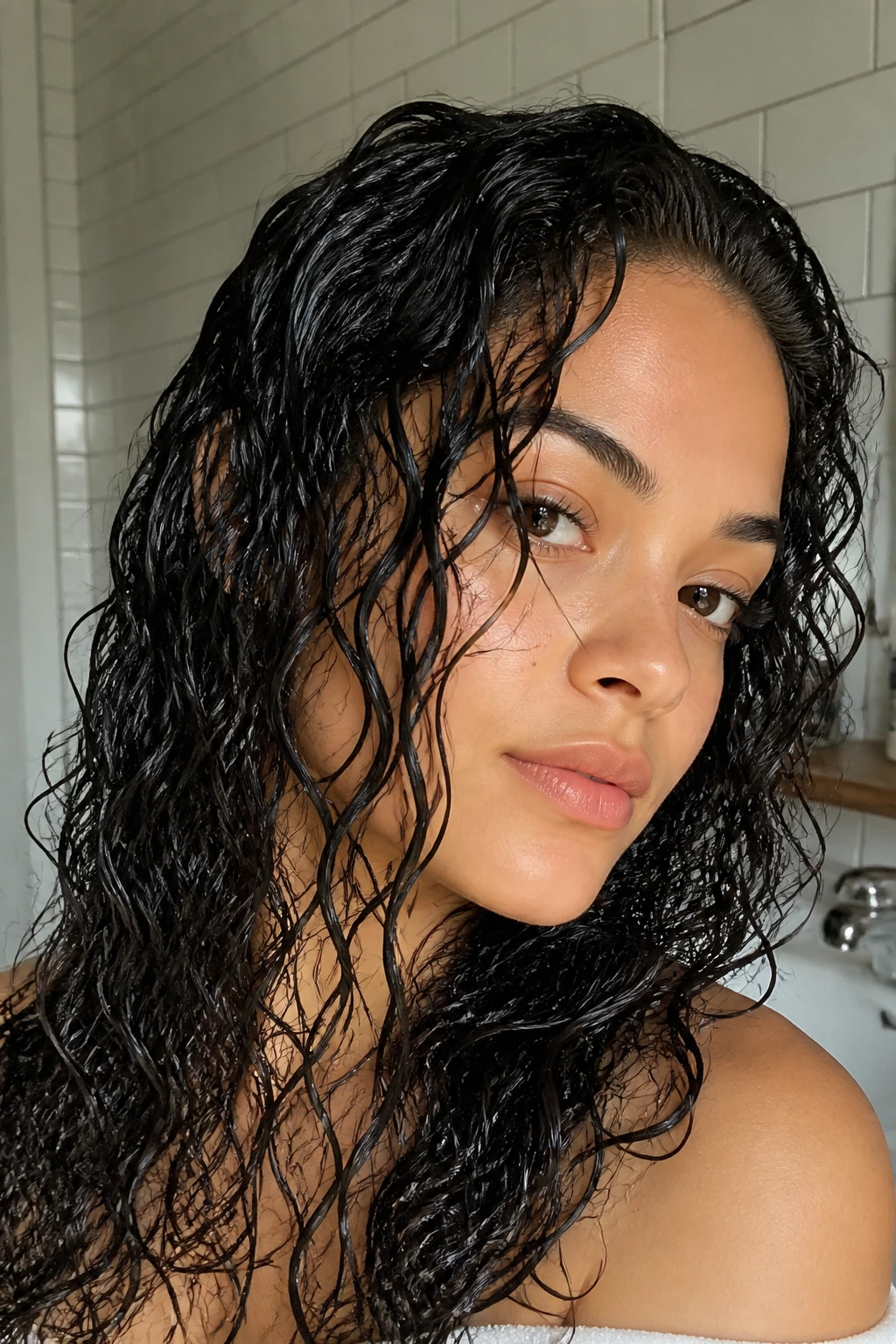 Close-up portrait of a real woman with hydrated, shiny curls after a co-wash.