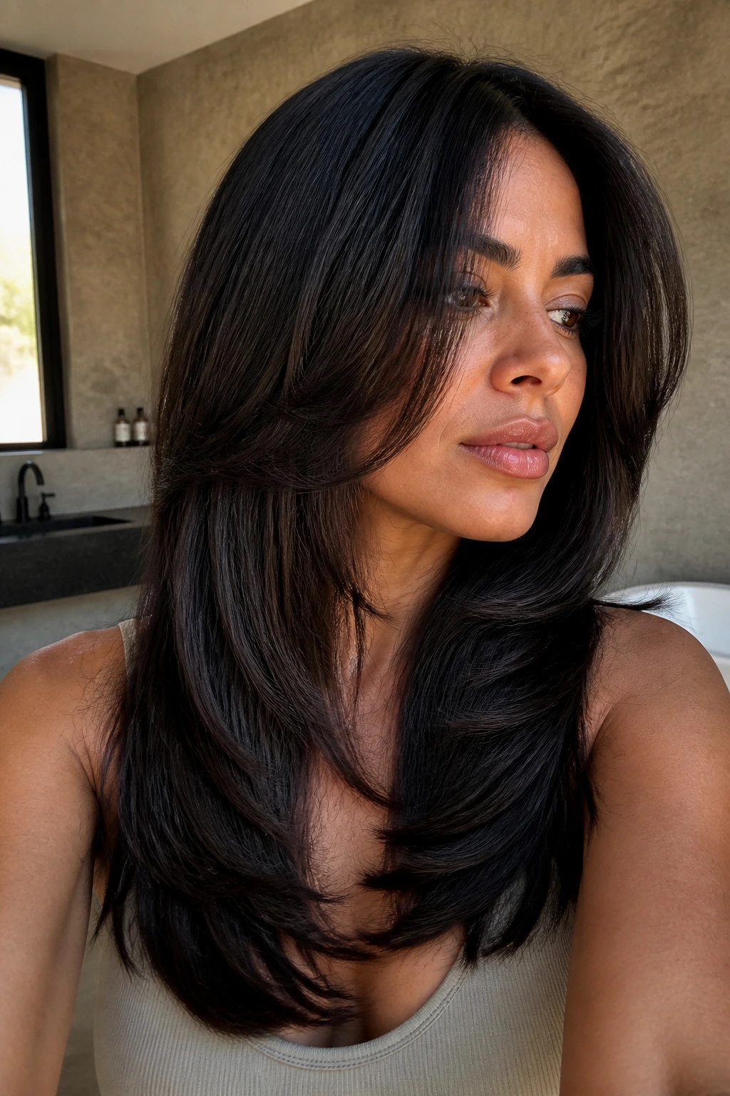 Real woman with butterfly cut designed for coarse hair in natural light