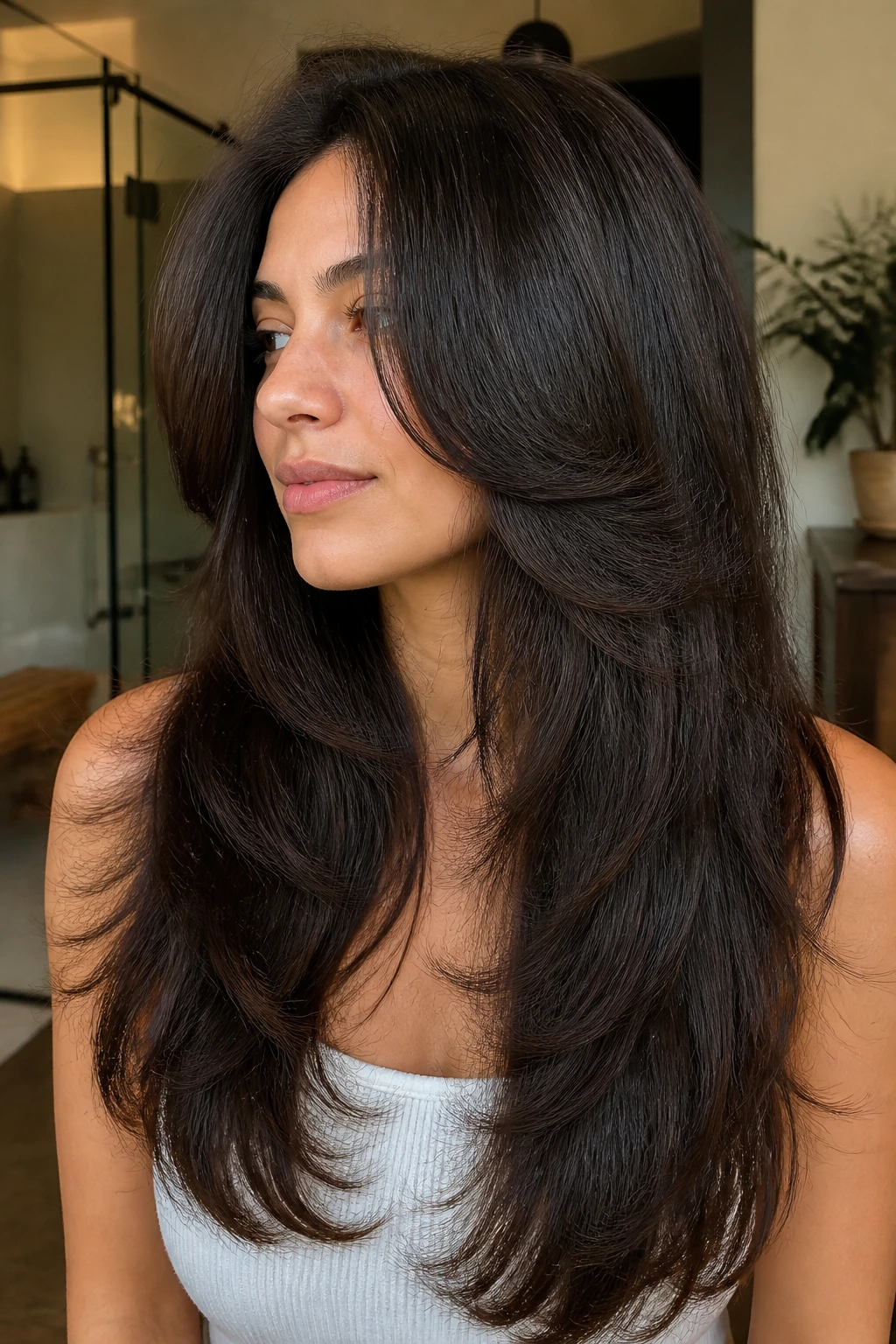 Close-up of a real woman with coarse butterfly-cut hair showing interior layering