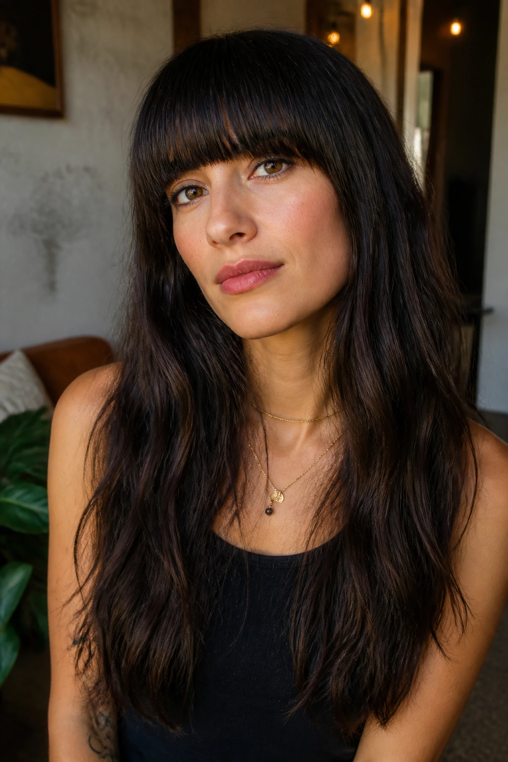Woman with heavy straight fringe on coarse hair in warm urban interior