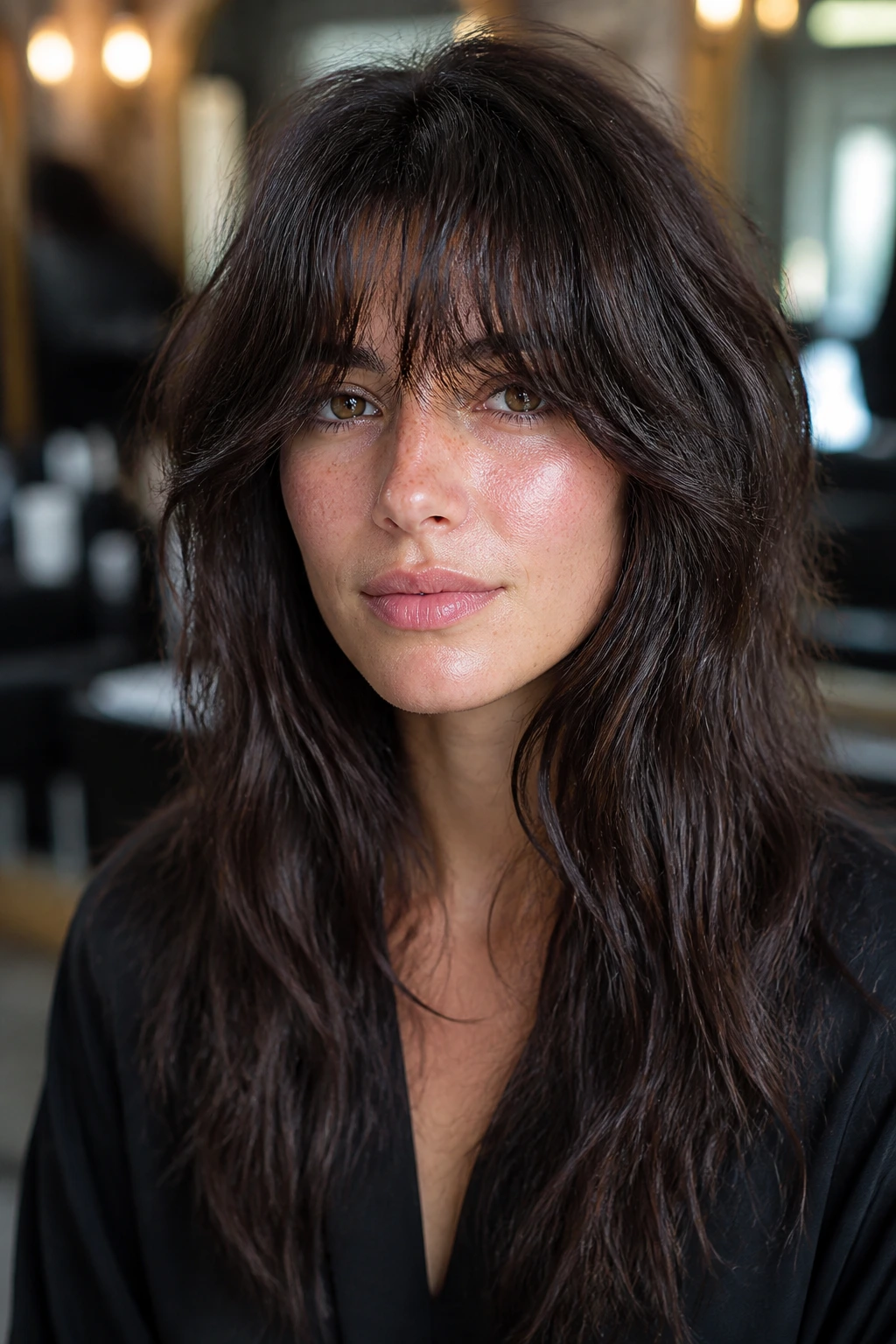 Close-up of a real person with coarse hair and thick textured bangs