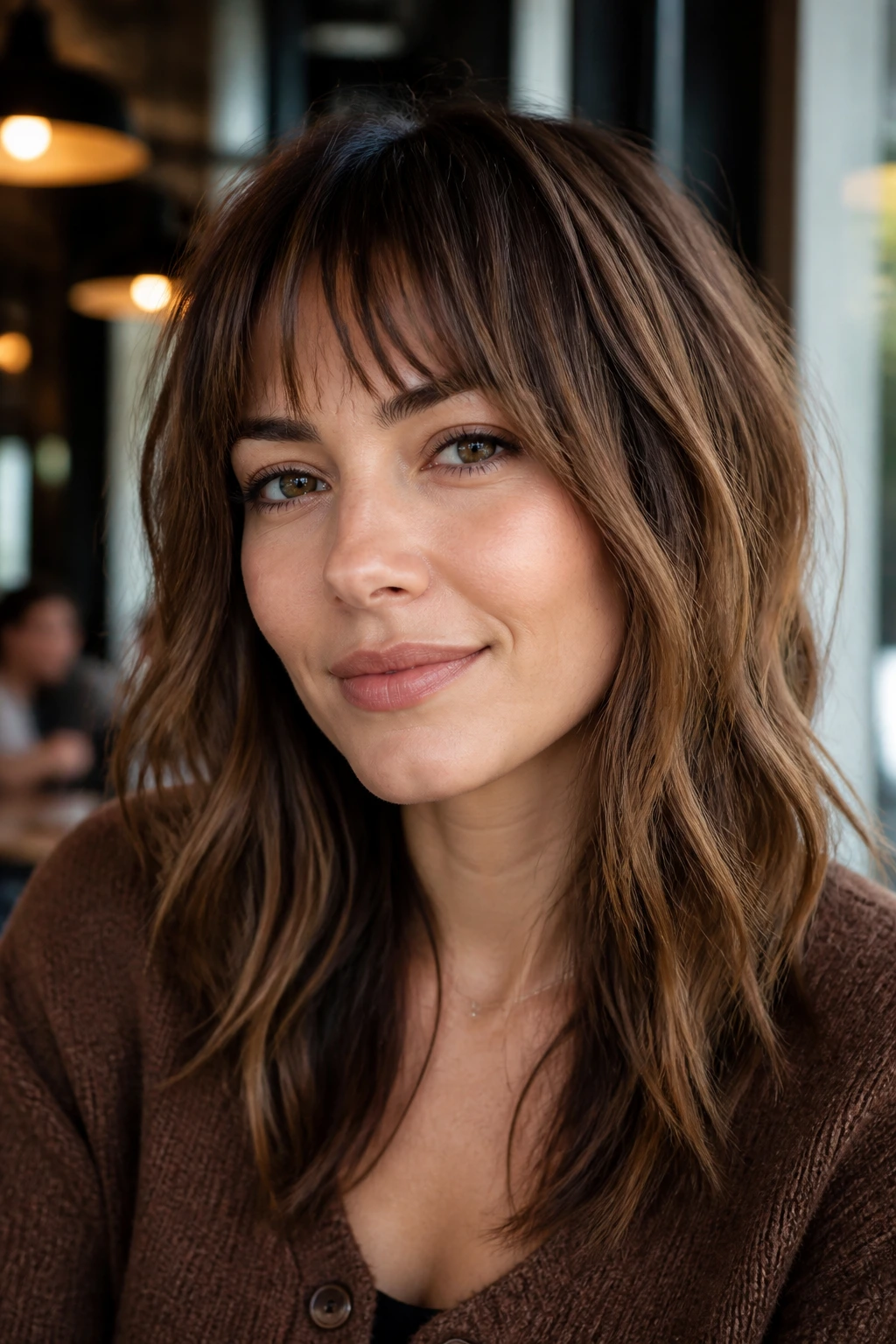 Close-up of a woman with cocoa balayage choppy bangs