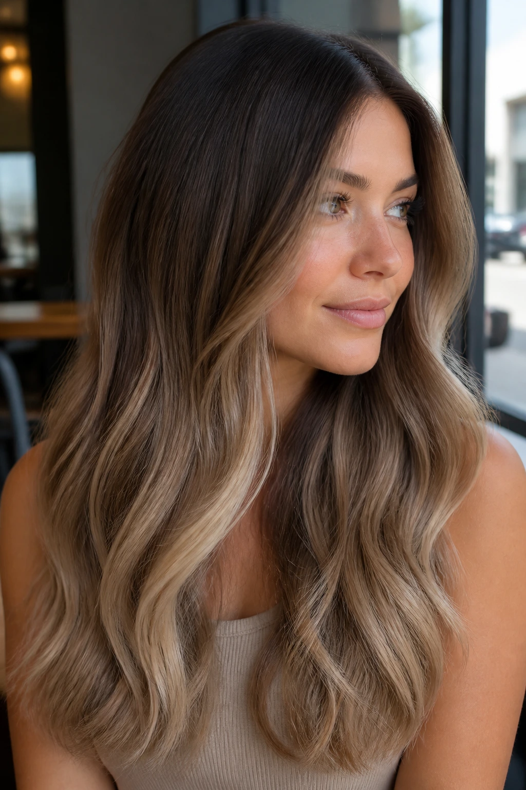 Close-up of a real woman's hair color melt from dark brown to café au lait