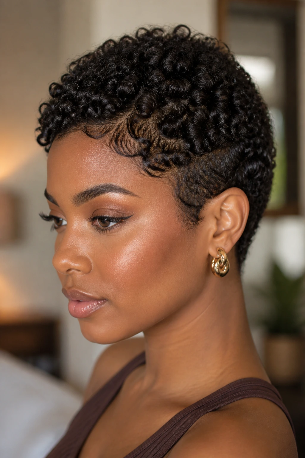 Close-up of a real person showing coiled pixie hairstyle with tight curls