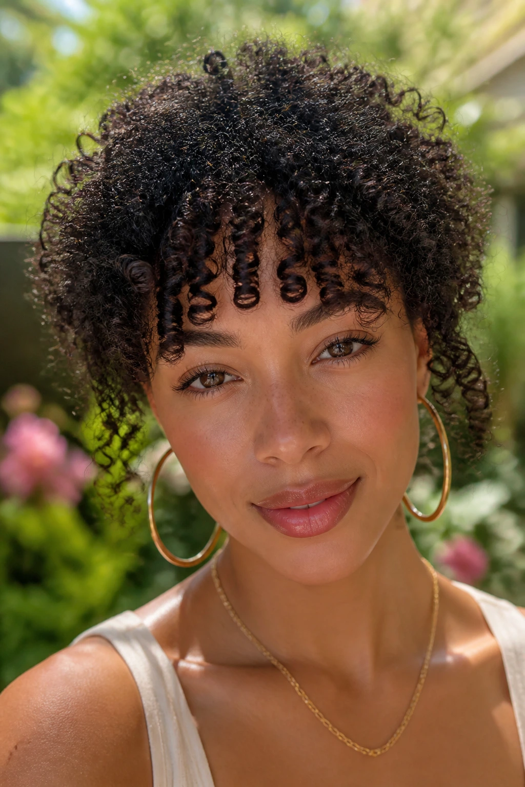 Close-up of a real woman with coily baby bangs in bright outdoor light
