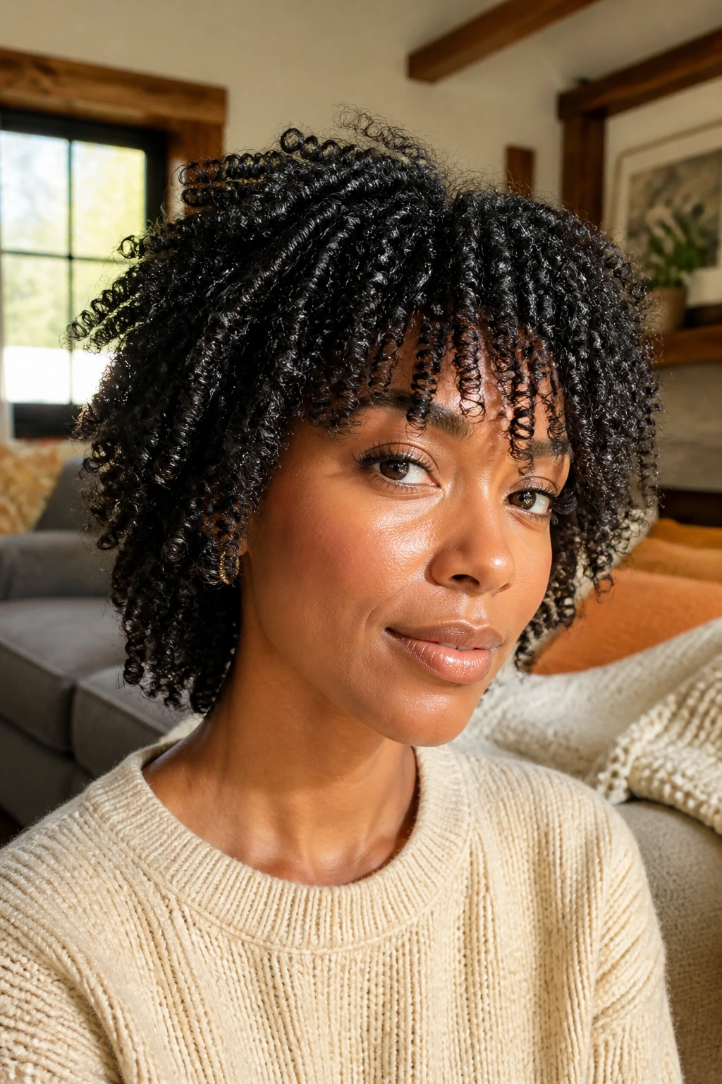 Close-up of a real woman with coily crown bangs framed by warm daylight