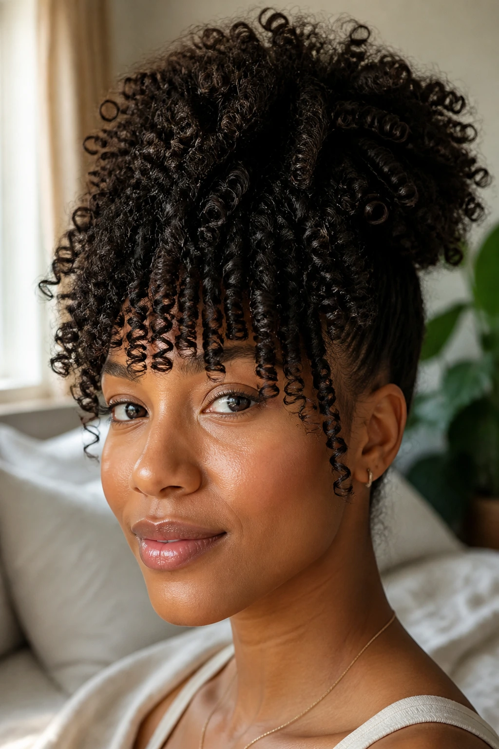 Close-up portrait of a real woman with coily pineapple ringlets forming a crown fringe above the eyes