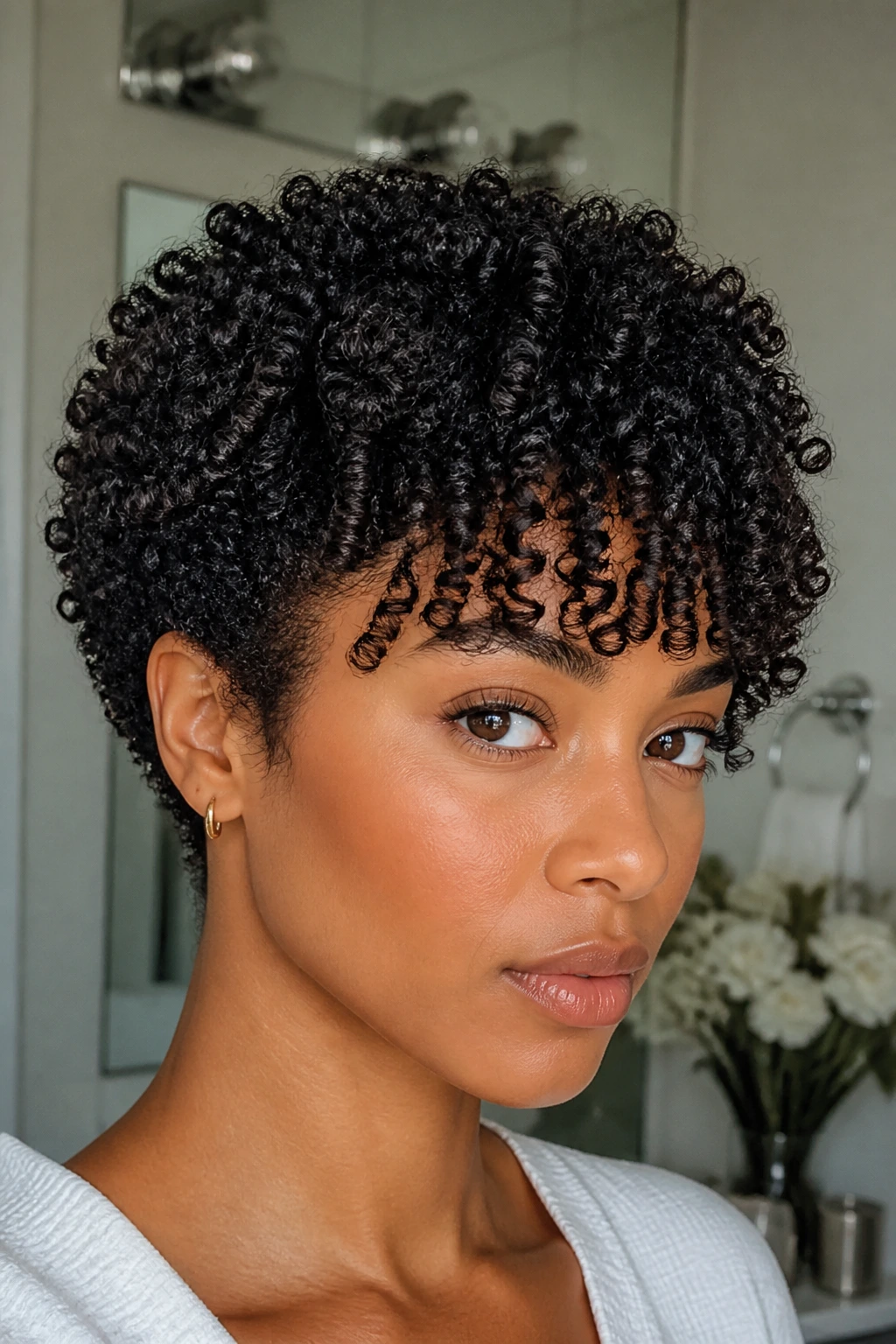 Close-up of a person with tapered coily cut and bottleneck bangs in soft bathroom light.
