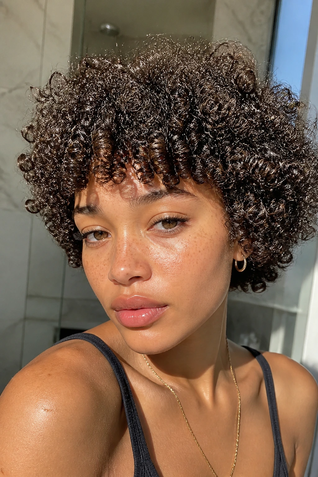 Real person with voluminous coily micro bangs forming a coil halo