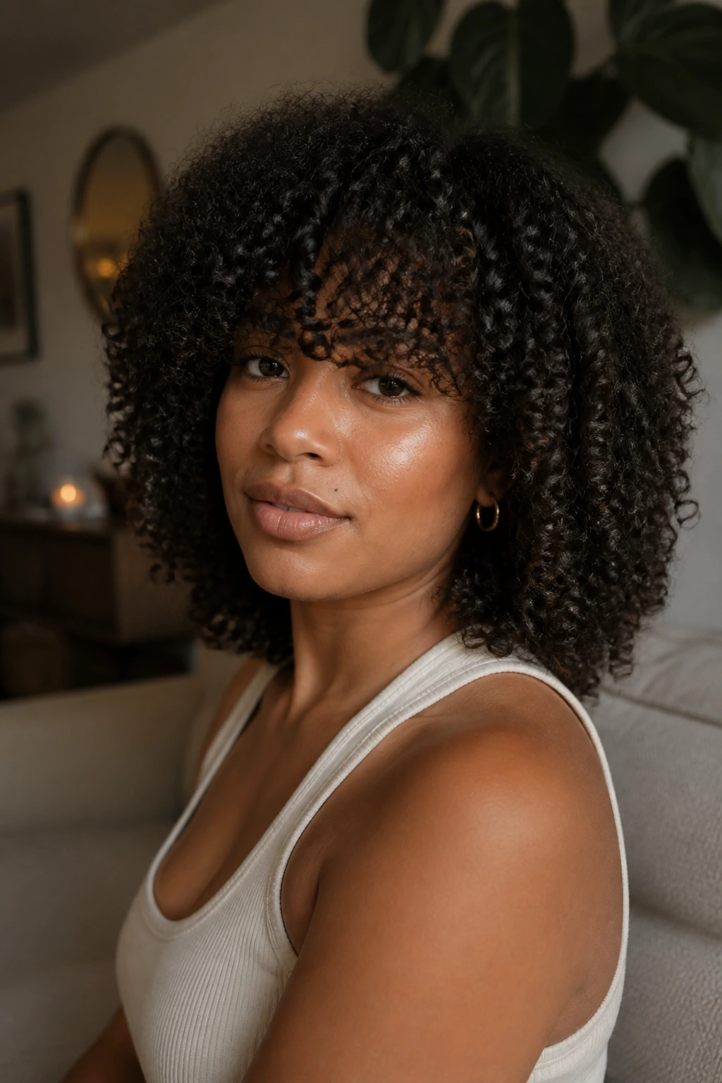 Portrait of a woman with coily shoulder grazing cut and voluminous bangs