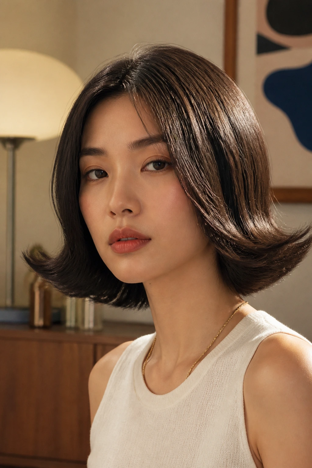 Close-up portrait of a person with retro collar-length hair that flips outward