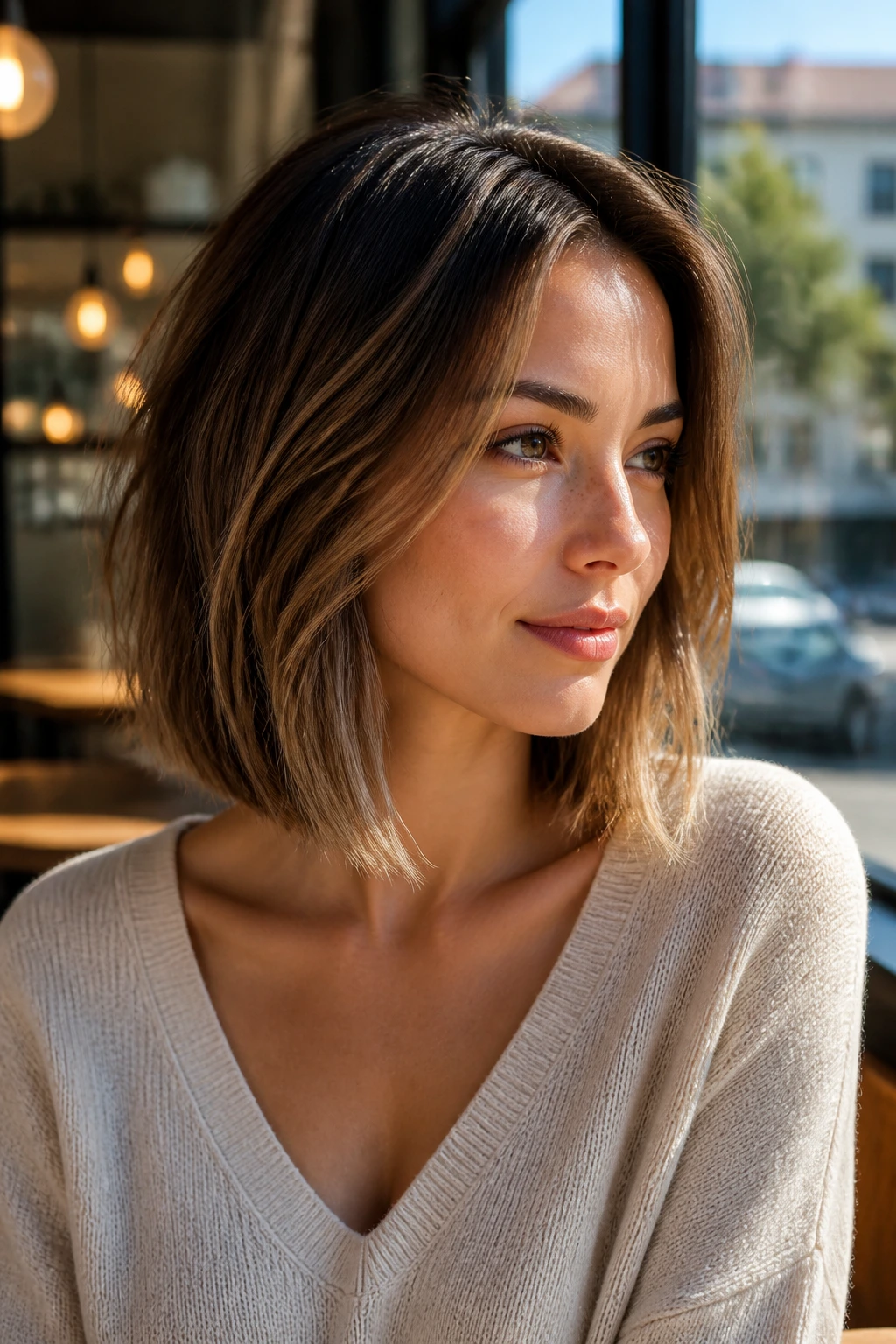Close-up portrait of a real woman with collarbone-length angled lob