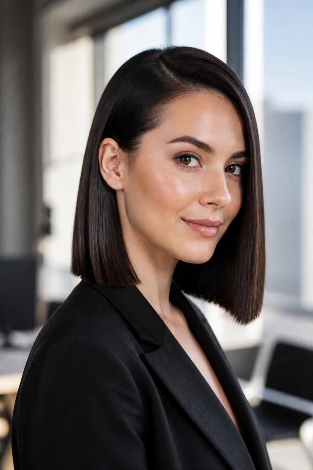 Close-up of a real woman with a sleek collarbone-length blunt cut under natural light