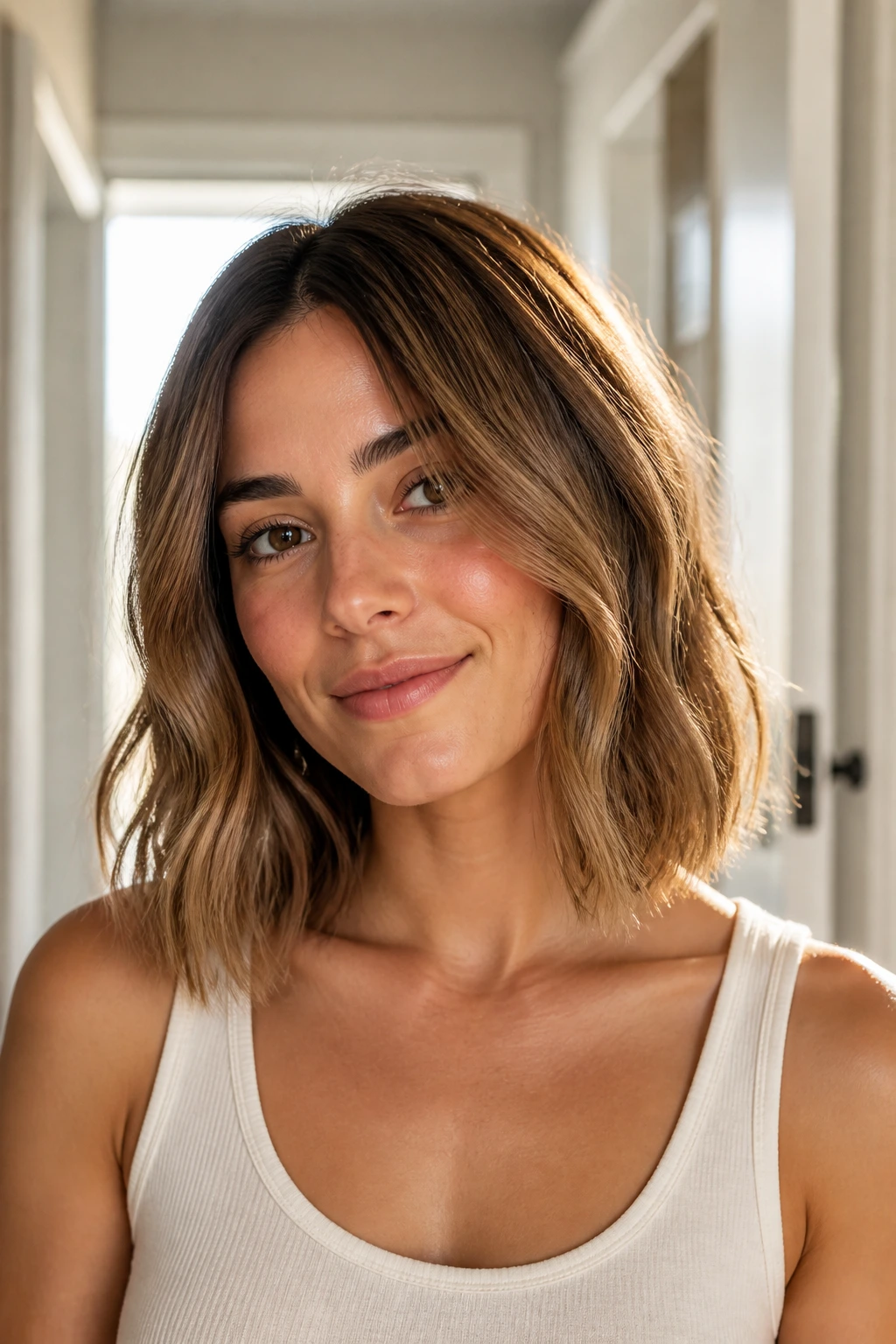 Close-up portrait of a real person with a collarbone-grazing blunt cut and waves.