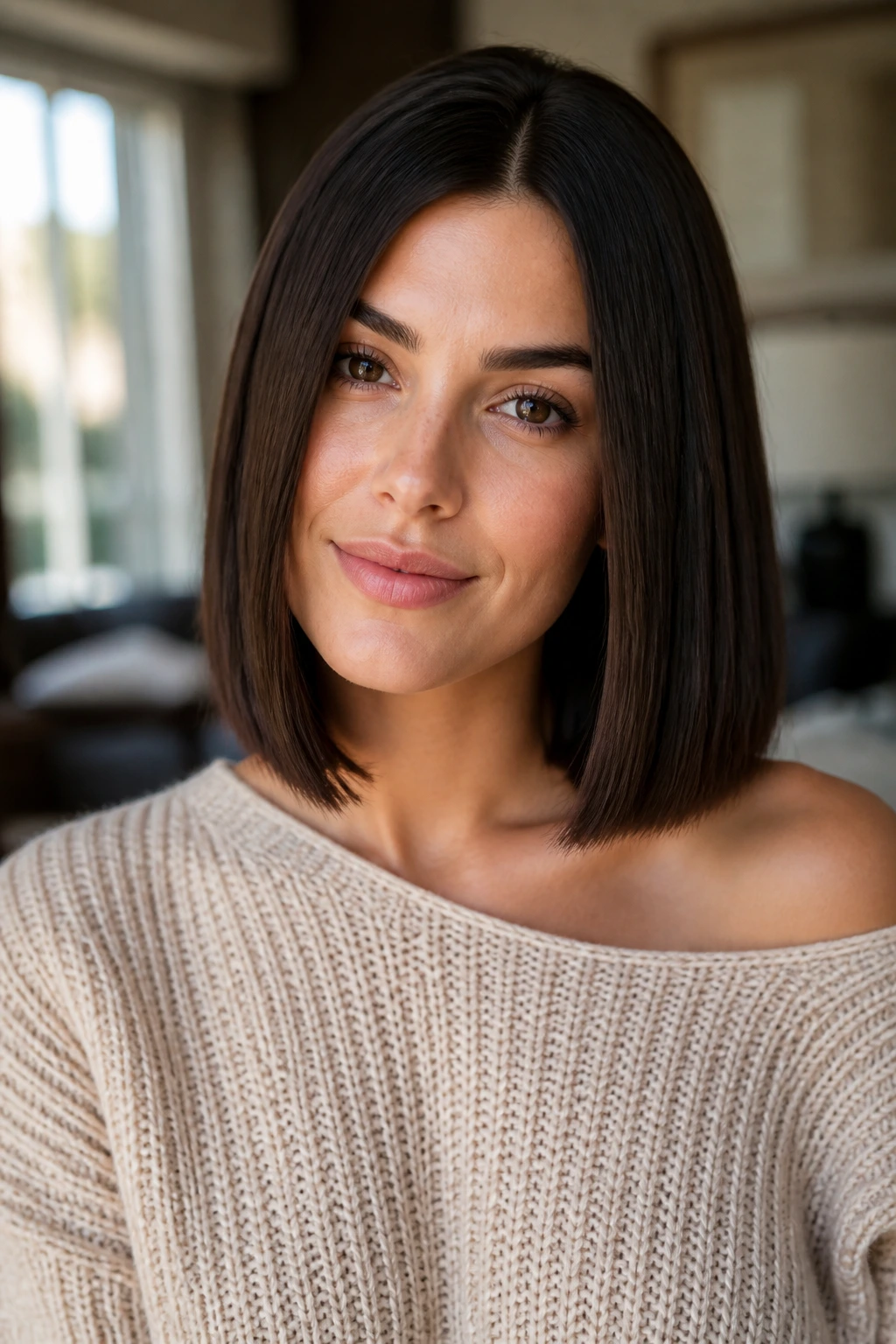 Close-up of a real woman with a collarbone-grazing blunt cut and blunt ends