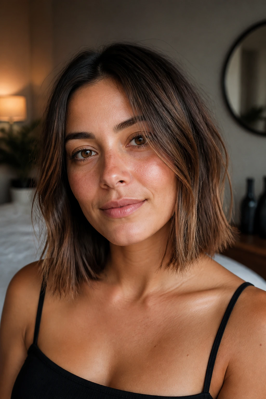 Close-up of collarbone-length blunt cut with textured ends on a real woman
