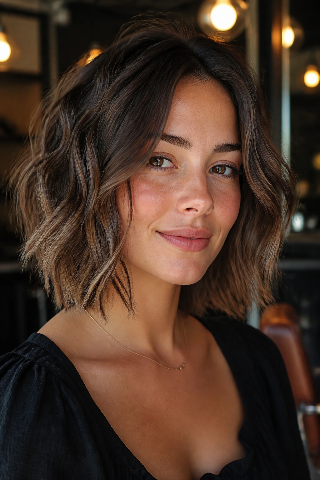 Close-up portrait of a real woman with a natural-wave collarbone-length bob in warm salon light
