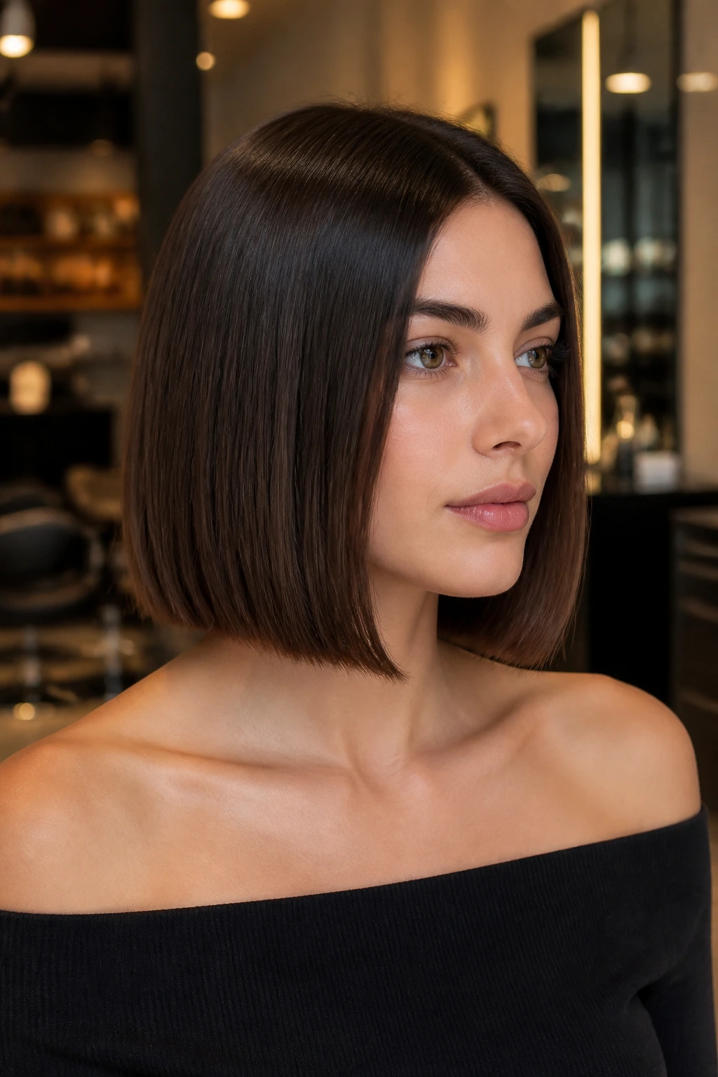 Close-up of a woman with a sleek collarbone-length bob and glossy hair