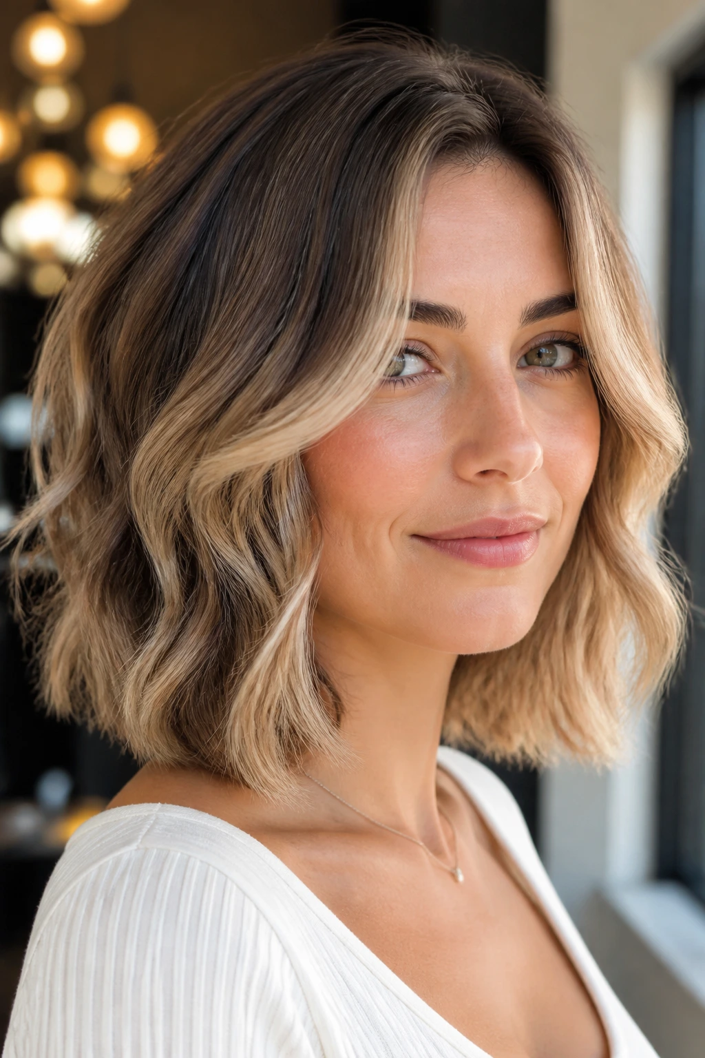 Close-up of a woman with a collarbone-length bob and face-framing waves