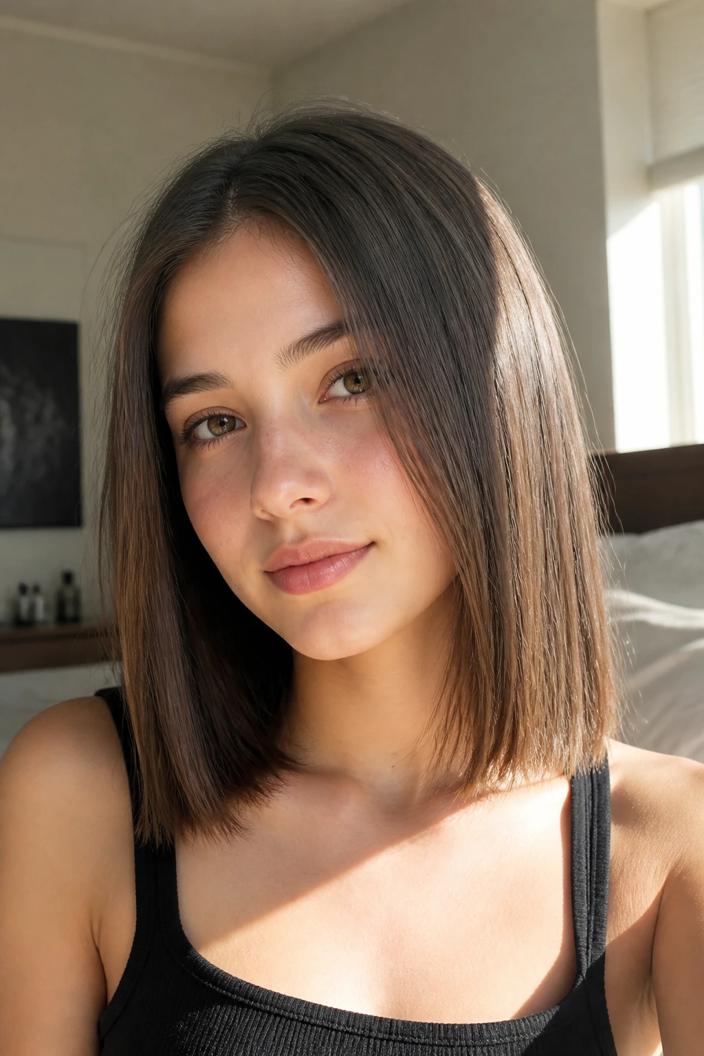 Close-up portrait of a real girl with collarbone-length hair in soft morning light