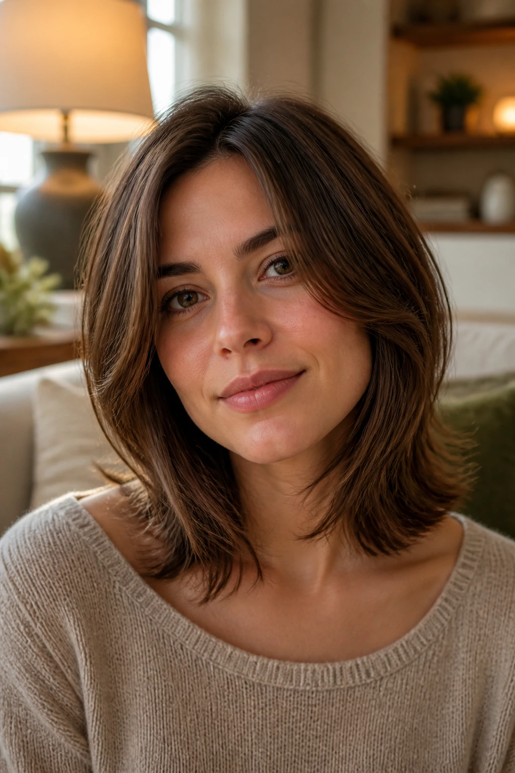 Portrait of a person with collarbone-length hair and soft internal layers