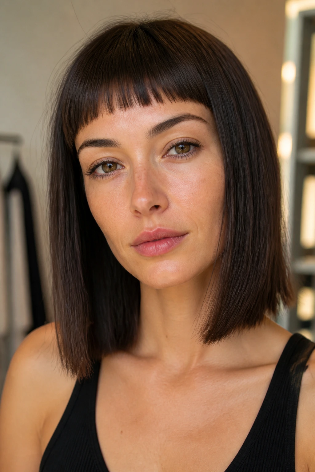 Close-up of a real woman with straight collarbone cut and choppy micro fringe in bright setting