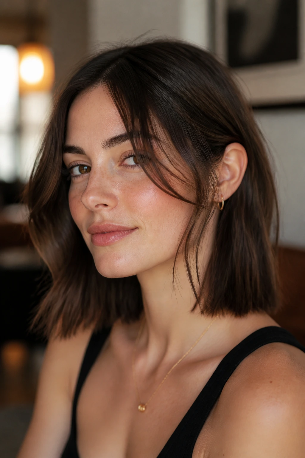 Portrait of a real person with collarbone-length blunt cut and soft tendrils
