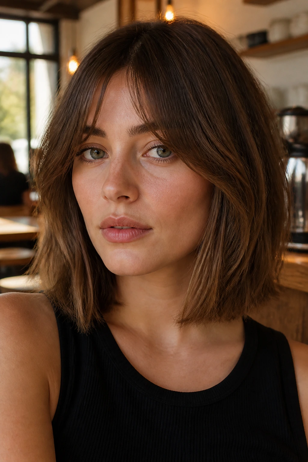 Close-up portrait of a real woman with a collarbone-grazing textured blunt cut and wispy curtain bangs.